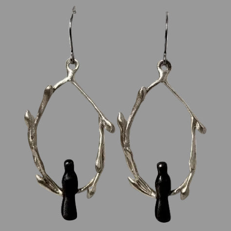 "Oval Bird on Vine Branch" Sterling Silver Earrings