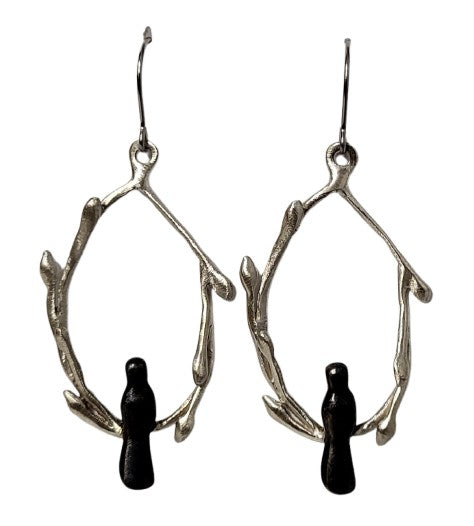 "Oval Bird on Vine Branch" Sterling Silver Earrings